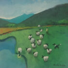 An original acrylic painting by David Alderman of a flock of sheep shepherd sheepdog collie showing green fields with farmhouses and mountains in the background. by the lake