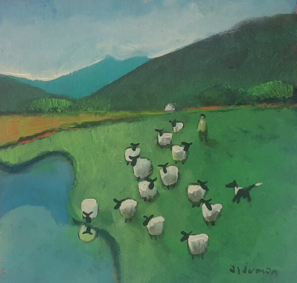An original acrylic painting by David Alderman of a flock of sheep shepherd sheepdog collie showing green fields with farmhouses and mountains in the background. by the lake