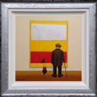 lake district art original oil painting by chris chapman in the style of mark rothko abstract painting with old gentleman and his dog viewing in gallery series