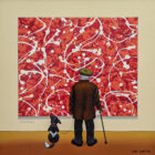lake district art original oil painting by chris chapman in the style of jackson pollocks splatter paintings with bright red and white spots and a man and his dog in a gallery