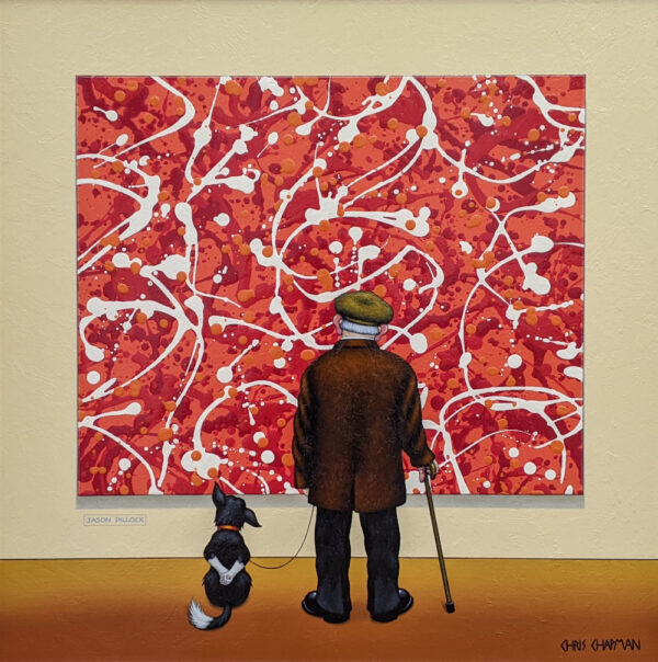 lake district art original oil painting by chris chapman in the style of jackson pollocks splatter paintings with bright red and white spots and a man and his dog in a gallery