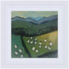 An original acrylic painting by David Alderman of a flock of sheep shepherd sheepdog collie showing green fields with farmhouses and mountains in the background.