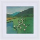 An original acrylic painting by David Alderman of a flock of sheep shepherd sheepdog collie showing green fields with farmhouses and mountains in the background. by the lake