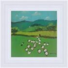 An original acrylic painting by David Alderman of a flock of sheep shepherd sheepdog collie showing green fields with farmhouses and mountains in the background.