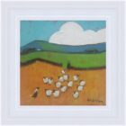 An original acrylic painting by David Alderman of a flock of sheep shepherd sheepdog collie showing green fields with farmhouses and mountains in the background. summer storm
