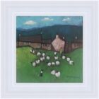 An original acrylic painting by David Alderman of a flock of sheep shepherd sheepdog collie showing green fields with farmhouses and mountains in the background. through the village