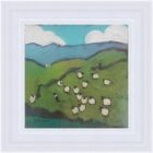 An original acrylic painting by David Alderman of a flock of sheep shepherd sheepdog collie showing green fields with farmhouses and mountains in the background.
