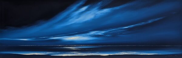 lake district art original acrylic painting an abstract landscape seascape by jonathan shaw with sweeping clouds in deep blue tones Midnight Blue Skies