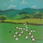 An original acrylic painting by David Alderman of a flock of sheep shepherd sheepdog collie showing green fields with farmhouses and mountains in the background.