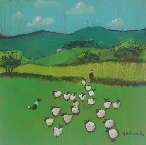 An original acrylic painting by David Alderman of a flock of sheep shepherd sheepdog collie showing green fields with farmhouses and mountains in the background.