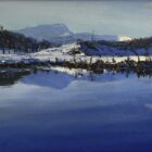 lake district art original oil painting by local artist simon whitfield of winter snowy trees elterwater reflections blue fells langdale
