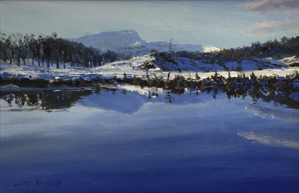 lake district art original oil painting by local artist simon whitfield of winter snowy trees elterwater reflections blue fells langdale