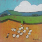 An original acrylic painting by David Alderman of a flock of sheep shepherd sheepdog collie showing green fields with farmhouses and mountains in the background. summer storm