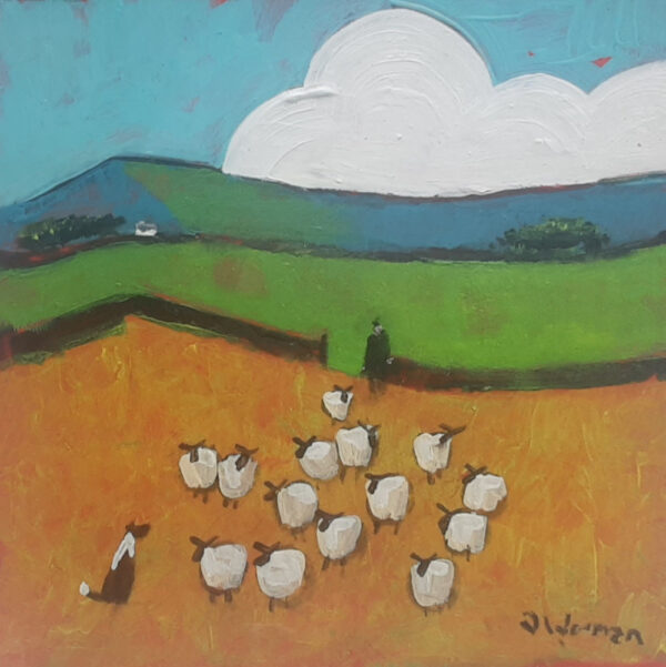 An original acrylic painting by David Alderman of a flock of sheep shepherd sheepdog collie showing green fields with farmhouses and mountains in the background. summer storm