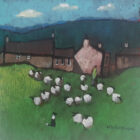 An original acrylic painting by David Alderman of a flock of sheep shepherd sheepdog collie showing green fields with farmhouses and mountains in the background. through the village