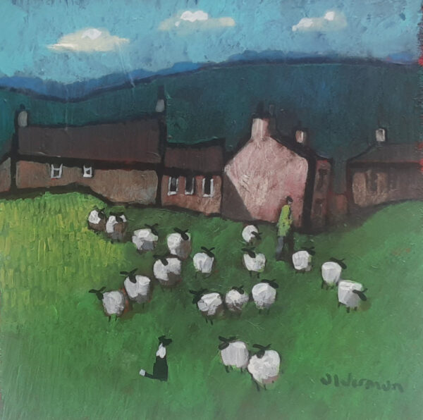 An original acrylic painting by David Alderman of a flock of sheep shepherd sheepdog collie showing green fields with farmhouses and mountains in the background. through the village
