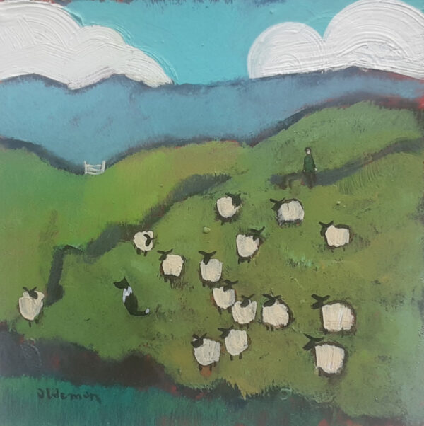 An original acrylic painting by David Alderman of a flock of sheep shepherd sheepdog collie showing green fields with farmhouses and mountains in the background.