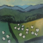 An original acrylic painting by David Alderman of a flock of sheep shepherd sheepdog collie showing green fields with farmhouses and mountains in the background.