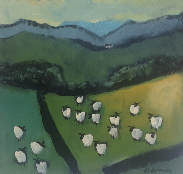 An original acrylic painting by David Alderman of a flock of sheep shepherd sheepdog collie showing green fields with farmhouses and mountains in the background.