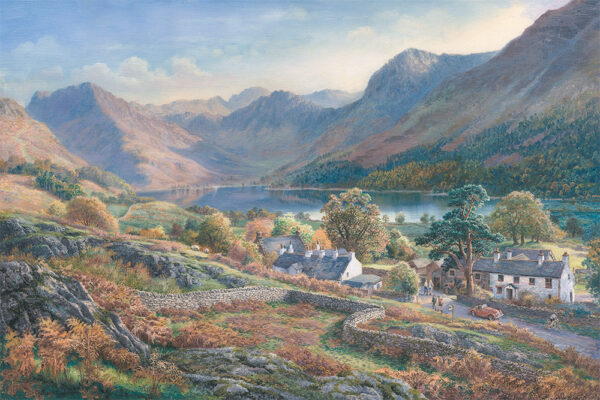 Lake District art by Cumbria artist Graham Twyford. Above the Village - Buttermere features the village looking towards Buttermere fleetwith pike - haystacks - high crag and high stile
