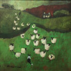 An original acrylic painting by David Alderman of a flock of sheep shepherd sheepdog collie showing green fields with farmhouses and mountains in the background.