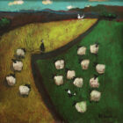 An original acrylic painting by David Alderman of a flock of sheep shepherd sheepdog collie showing green fields with farmhouses and mountains in the background.