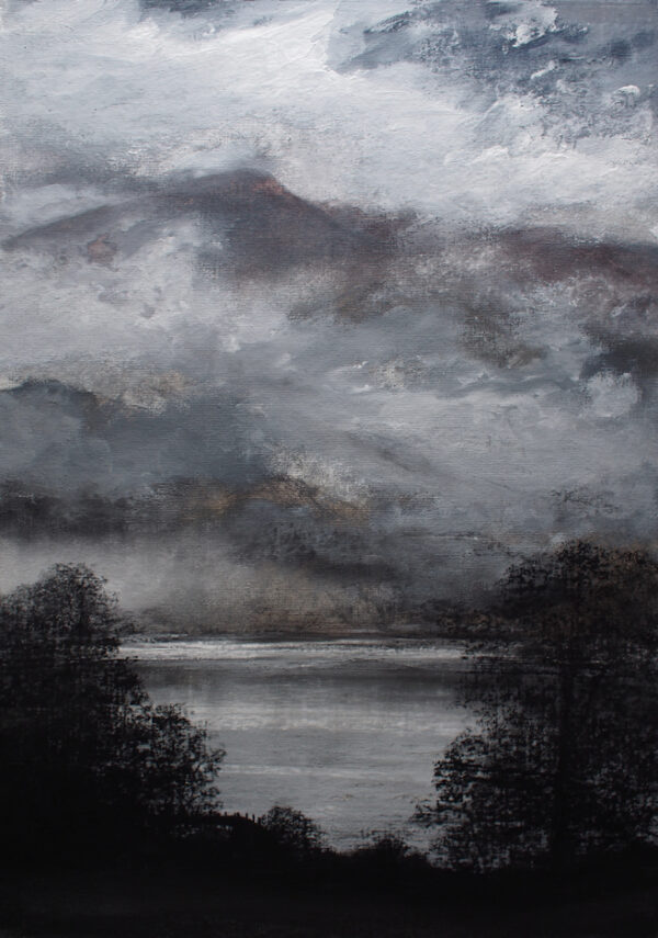 lake district art by local mixed media artist daniel cooper. original charcoal painting dark silhouette atmospheric old man coniston brantwood lake windermere