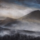 lake district art original mixed media by local artist daniel cooper silhouette view of the fells and mountains near Coniston old man with hazy evening skies and an atmospheric mood