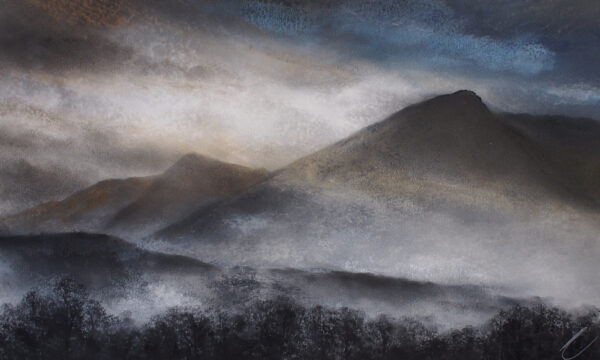 lake district art original mixed media by local artist daniel cooper silhouette view of the fells and mountains near Coniston old man with hazy evening skies and an atmospheric mood