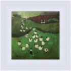 An original acrylic painting by David Alderman of a flock of sheep shepherd sheepdog collie showing green fields with farmhouses and mountains in the background.