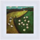 An original acrylic painting by David Alderman of a flock of sheep shepherd sheepdog collie showing green fields with farmhouses and mountains in the background.
