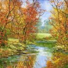 lake district art original oil painting by terry evans an autumnal woodland scene alongside a gently flowing river with rich leaf colour