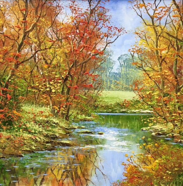lake district art original oil painting by terry evans an autumnal woodland scene alongside a gently flowing river with rich leaf colour