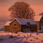 lake district art original oil painting by edward hersey of a country farm barn covered in snow in peach dawn light with pheasants and wildlife in foreground