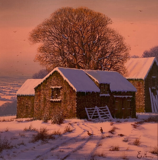 lake district art original oil painting by edward hersey of a country farm barn covered in snow in peach dawn light with pheasants and wildlife in foreground