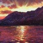 lake district art by Andrew Grant Kurtis. Evening Sparkle Derwentwater is an impasto oil painting of a vibrant pink and purple sunset reflected in the lake near Keswick with a jetty