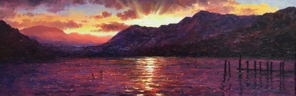 lake district art by Andrew Grant Kurtis. Evening Sparkle Derwentwater is an impasto oil painting of a vibrant pink and purple sunset reflected in the lake near Keswick with a jetty