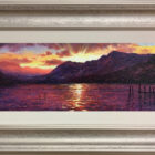 lake district art by Andrew Grant Kurtis. Evening Sparkle Derwentwater is an impasto oil painting of a vibrant pink and purple sunset reflected in the lake near Keswick with a jetty