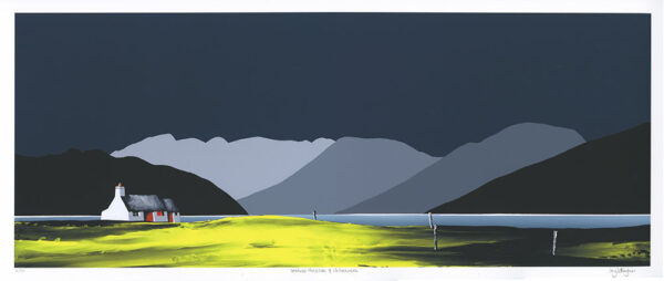 lake district art limited edition print by artist jay nottingham of fairfield fells from windermere lake in sihouette with croft in foreground