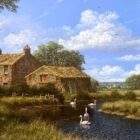 lake district art original painting by edward hersey oil on board of old farm buildings in rural english countryside in summer sunshine with swans cows and hens with a distant village