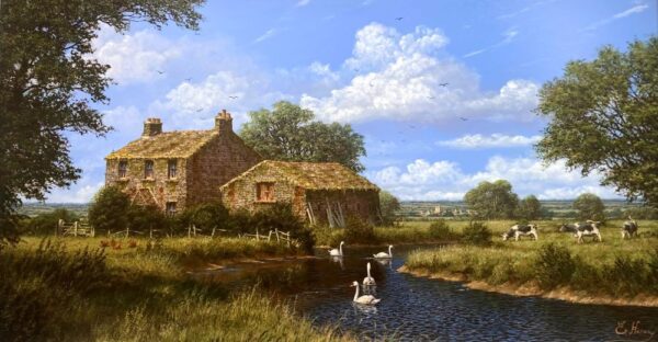 lake district art original painting by edward hersey oil on board of old farm buildings in rural english countryside in summer sunshine with swans cows and hens with a distant village