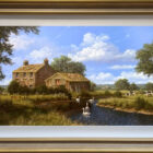 lake district art original painting by edward hersey oil on board of old farm buildings in rural english countryside in summer sunshine with swans cows and hens with a distant village