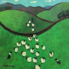 Lake District art by David Alderman. An acrylic painting of a flock of sheep shepherd sheepdog collie showing green fields with mountains in the background in a colourful contemporary style.