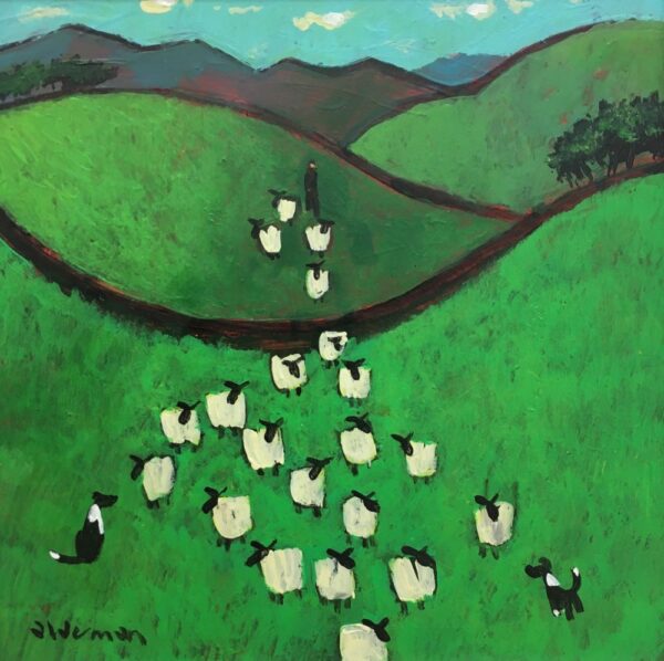 Lake District art by David Alderman. An acrylic painting of a flock of sheep shepherd sheepdog collie showing green fields with mountains in the background in a colourful contemporary style.
