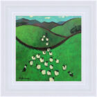Lake District art by David Alderman. An acrylic painting of a flock of sheep shepherd sheepdog collie showing green fields with mountains in the background in a colourful contemporary style.