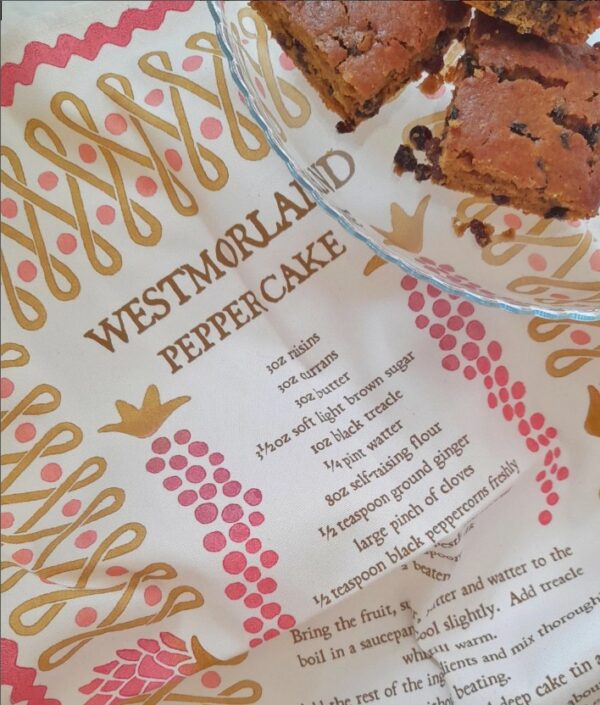 Westmorland Pepper Cake recipe Organic Cotton Tea Towel by local textile designer Miller Honeyman featuring a local heritage recipe.