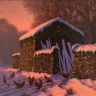 edward hersey original oil painting of the english countryside with farm buildings scrap wood and chickens in a snowy winter scene in the rosy sunrise