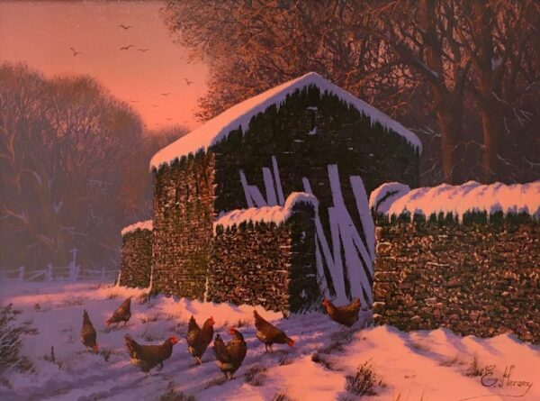 edward hersey original oil painting of the english countryside with farm buildings scrap wood and chickens in a snowy winter scene in the rosy sunrise