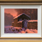 edward hersey original oil painting of the english countryside with farm buildings scrap wood and chickens in a snowy winter scene in the rosy sunrise