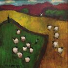 Lake District art by David Alderman. An acrylic painting of a flock of sheep shepherd sheepdog collie showing green and yellow fields with farmhouses and pink mountains in the background.